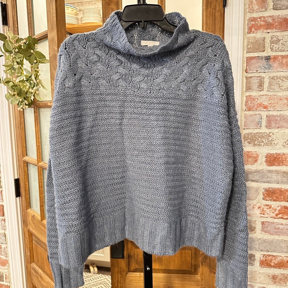 LC Lauren Conrad Sweater Women Blue Cable Knit Mock Neck Hygge Relaxed Cozy XL